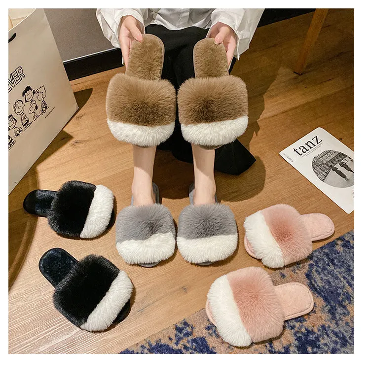 Plush Slippers For Women's Outdoor Flat Bottom Fashion Girls Furry Slipper