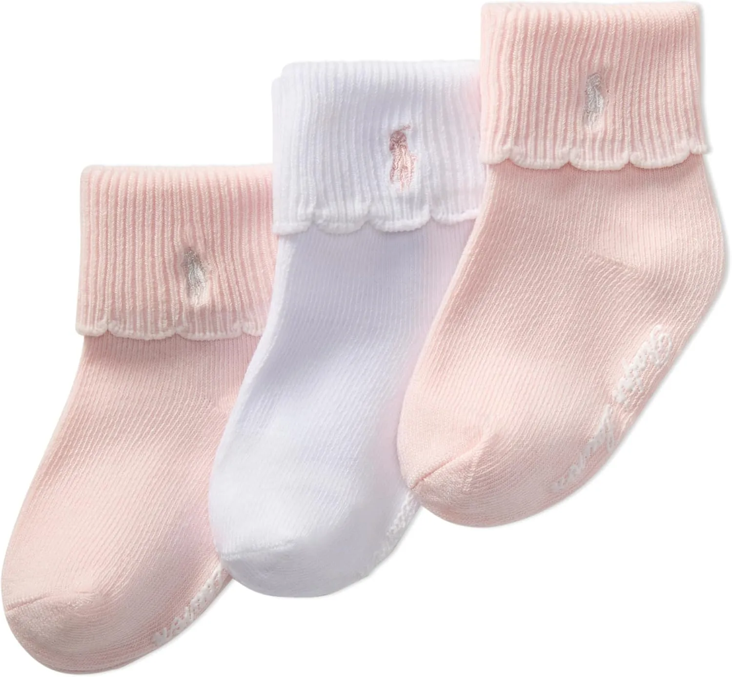 POLO RALPH LAUREN Baby Girls Scalloped Edge Turn Cuff Ankle Socks 3 Pair Pack Soft Sustainable Cotton