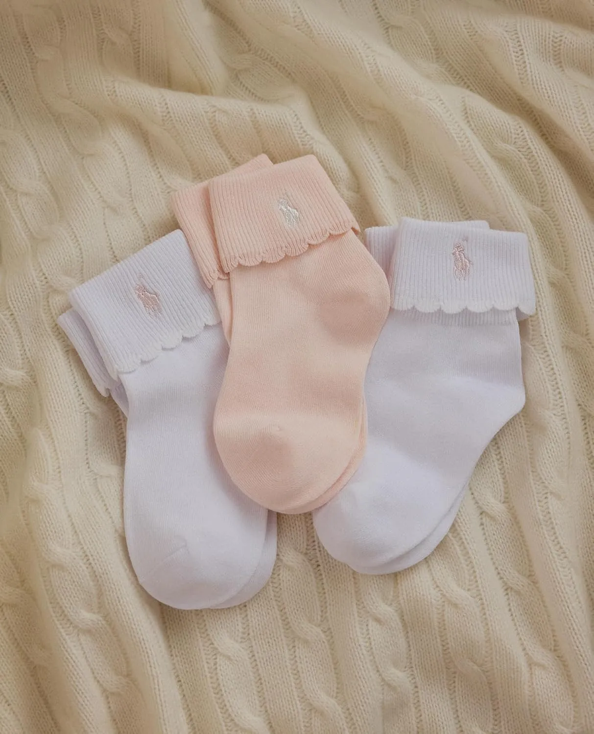 POLO RALPH LAUREN Baby Girls Scalloped Edge Turn Cuff Ankle Socks 3 Pair Pack Soft Sustainable Cotton
