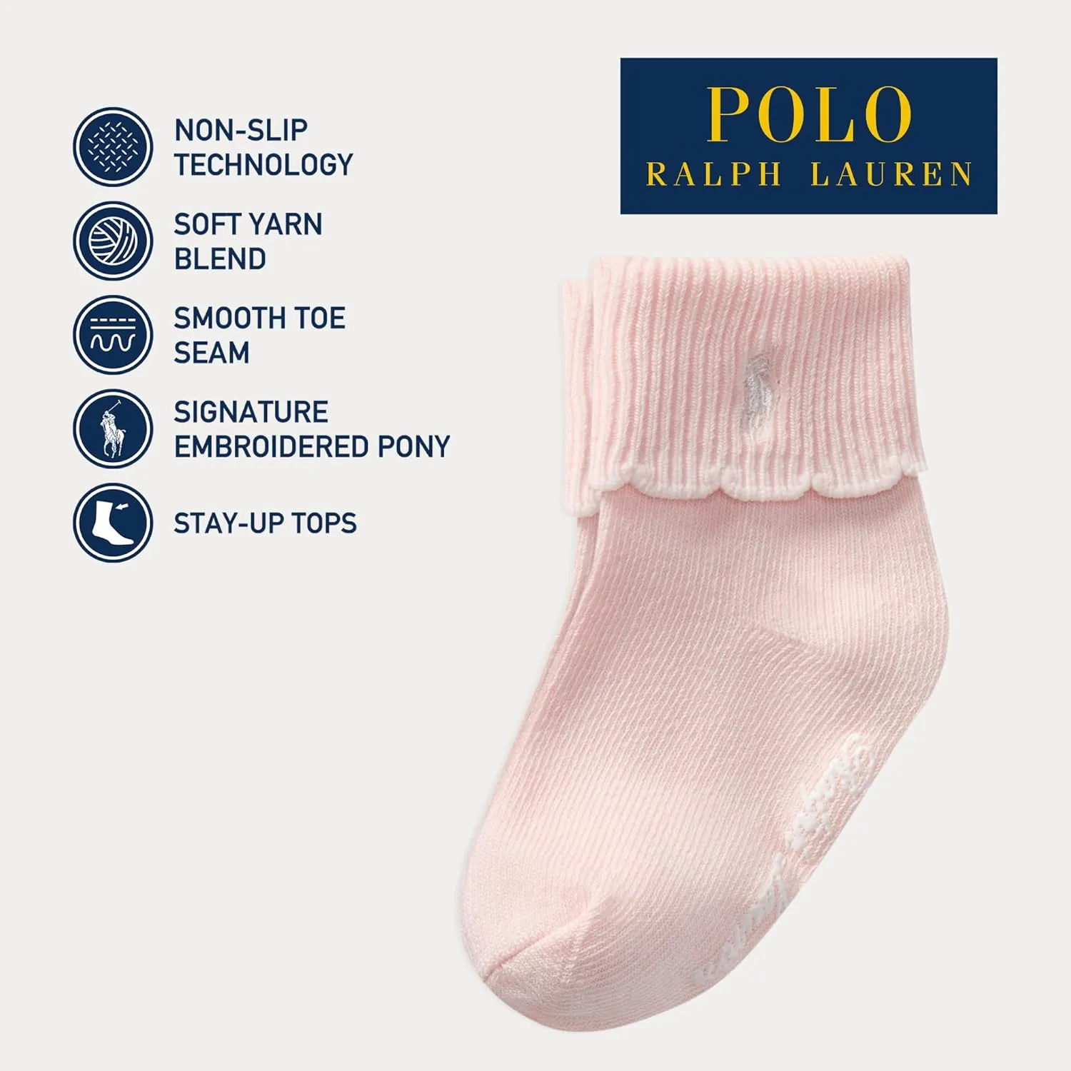 POLO RALPH LAUREN Baby Girls Scalloped Edge Turn Cuff Ankle Socks 3 Pair Pack Soft Sustainable Cotton