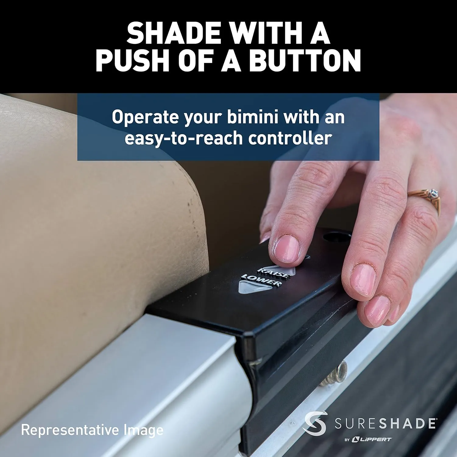 Power Bimini Electric Shade System for Pontoon Boats, 92-102" Wide, 20V Rechargeable Battery Powered or 12V Hardwired, 10' Fade-Resistant Fabric, Anodized Frame