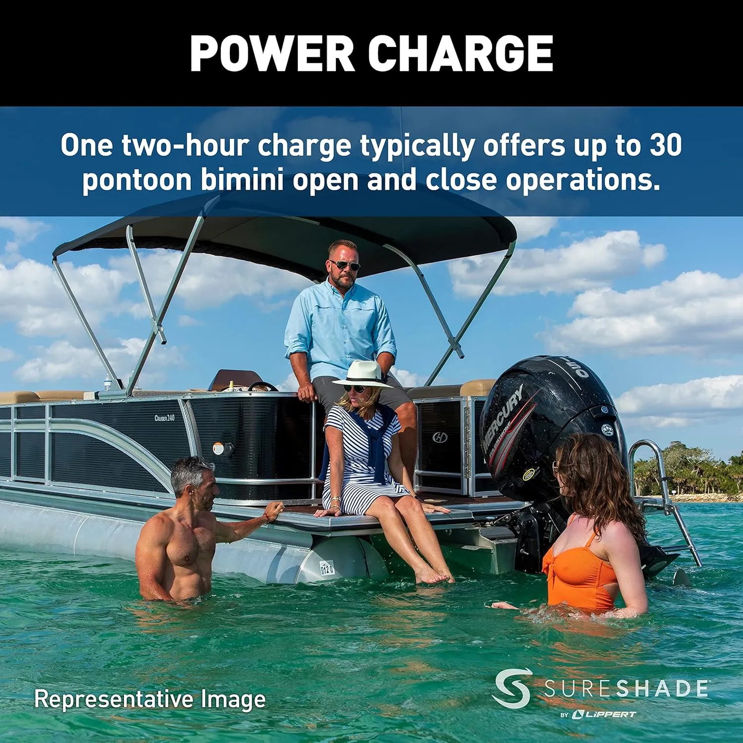 Power Bimini Electric Shade System for Pontoon Boats, 92-102" Wide, 20V Rechargeable Battery Powered or 12V Hardwired, 10' Fade-Resistant Fabric, Anodized Frame