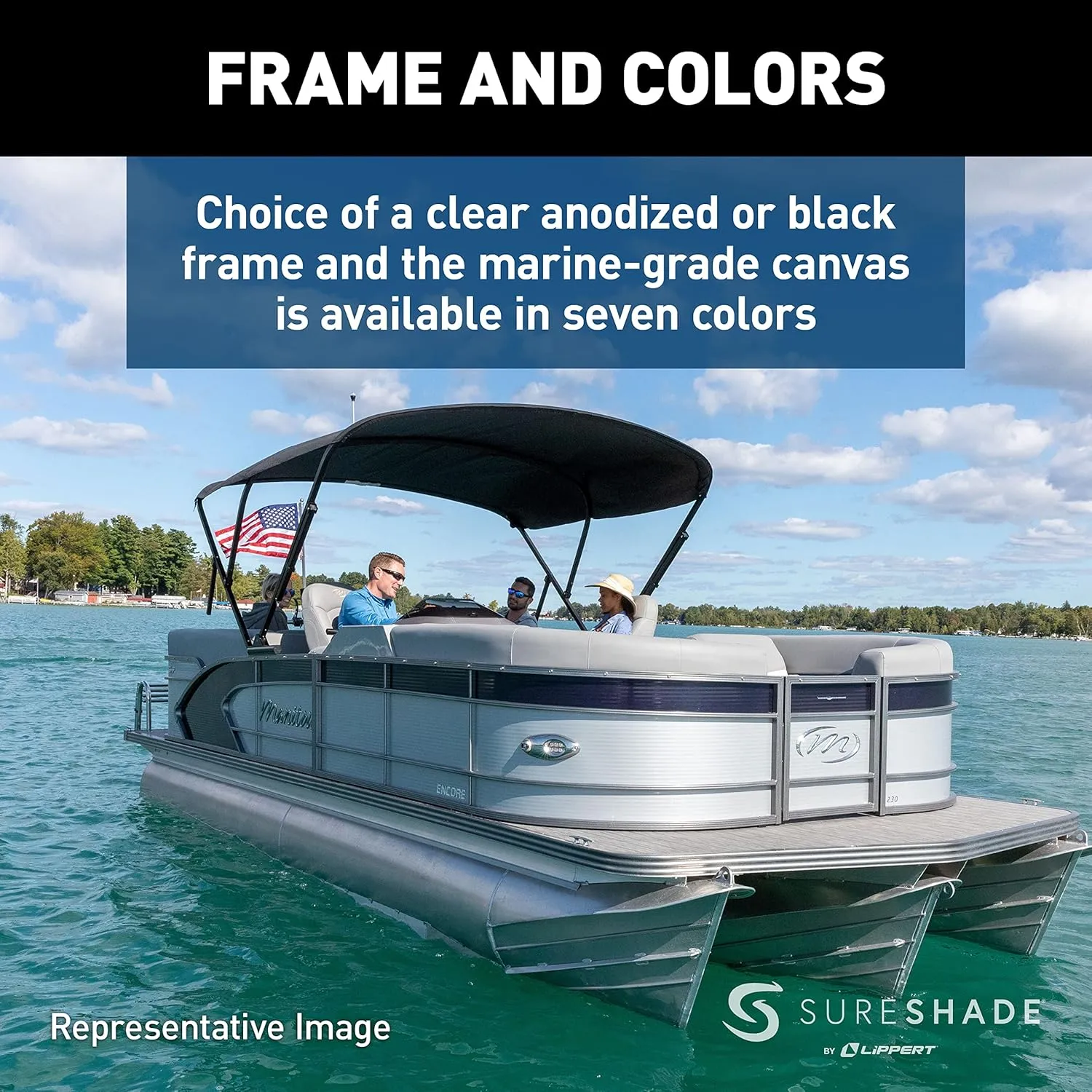 Power Bimini Electric Shade System for Pontoon Boats, 92-102" Wide, 20V Rechargeable Battery Powered or 12V Hardwired, 10' Fade-Resistant Fabric, Anodized Frame