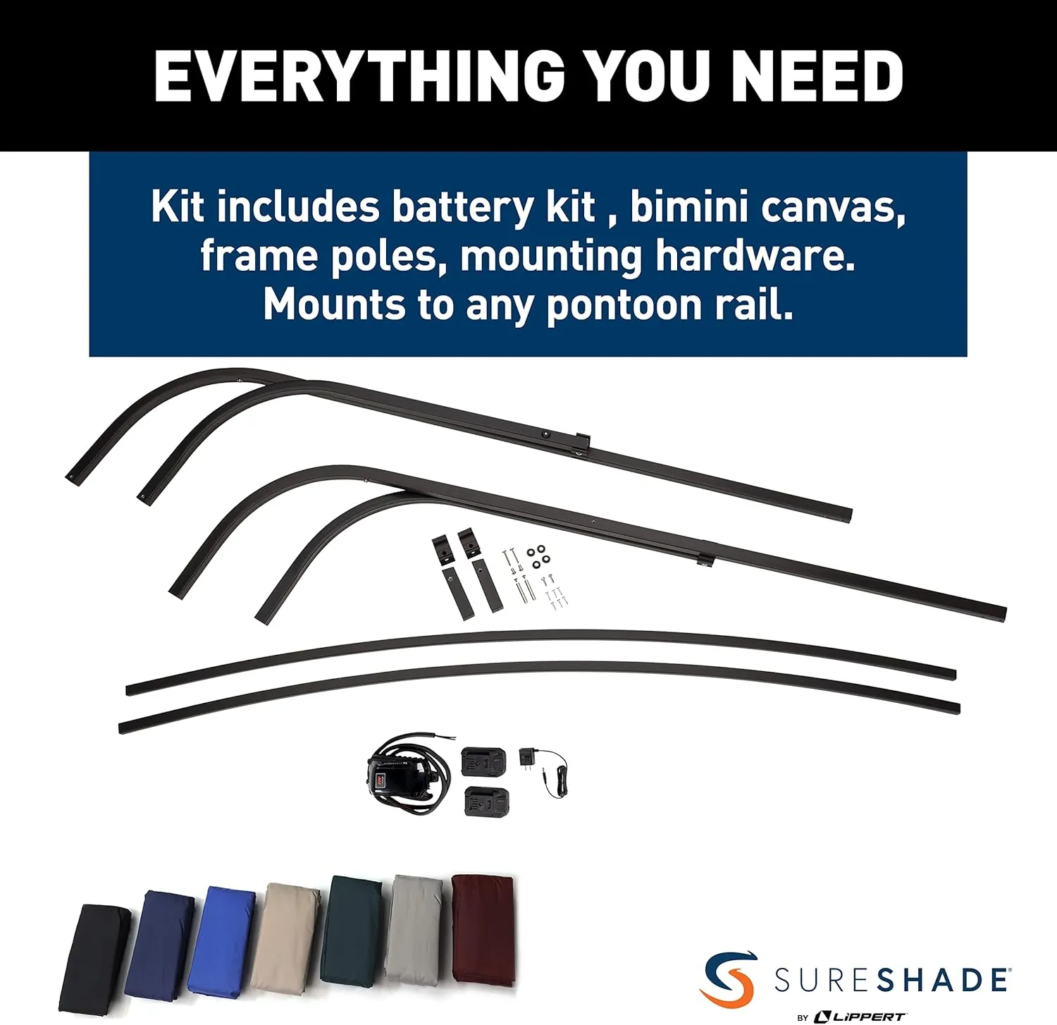 Power Bimini Electric Shade System for Pontoon Boats, 92-102" Wide, 20V Rechargeable Battery Powered or 12V Hardwired, 10' Fade-Resistant Fabric, Anodized Frame