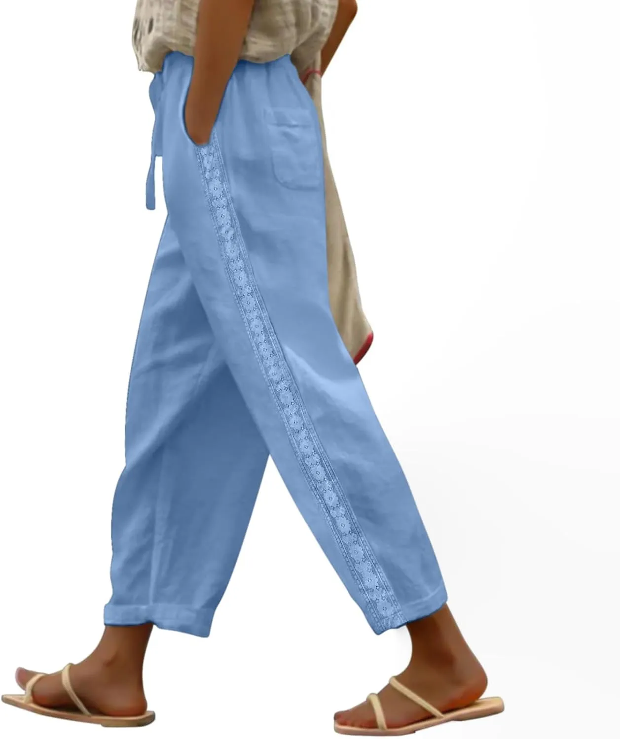 Puimentiua Women Linen Pants Lightweight Capri Pants with Lace Side Summer Casual Beach Drawstring Elastic Waist Trousers