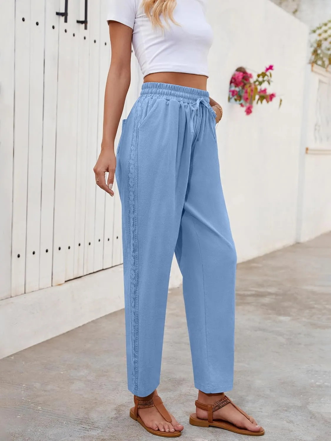 Puimentiua Women Linen Pants Lightweight Capri Pants with Lace Side Summer Casual Beach Drawstring Elastic Waist Trousers
