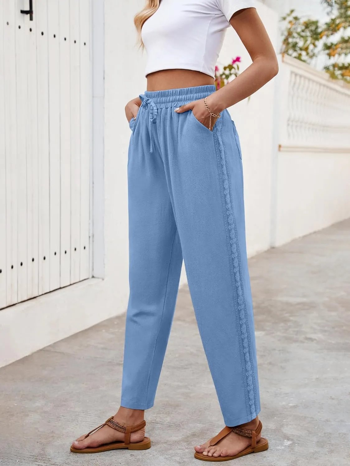 Puimentiua Women Linen Pants Lightweight Capri Pants with Lace Side Summer Casual Beach Drawstring Elastic Waist Trousers
