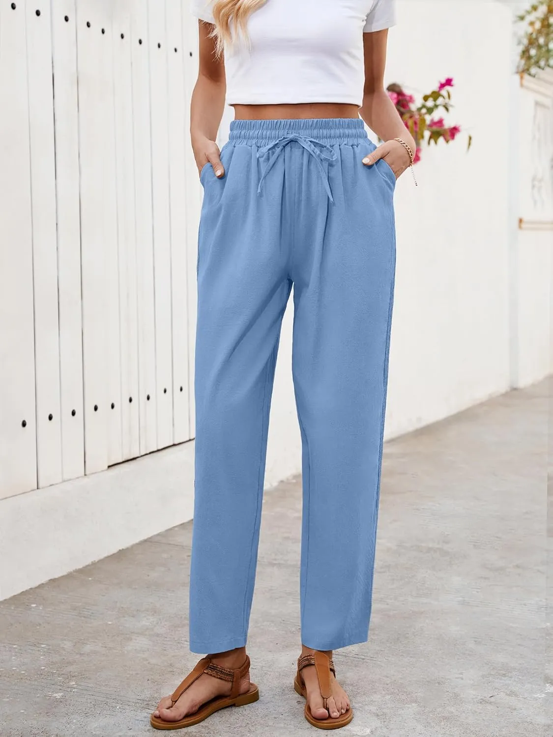 Puimentiua Women Linen Pants Lightweight Capri Pants with Lace Side Summer Casual Beach Drawstring Elastic Waist Trousers
