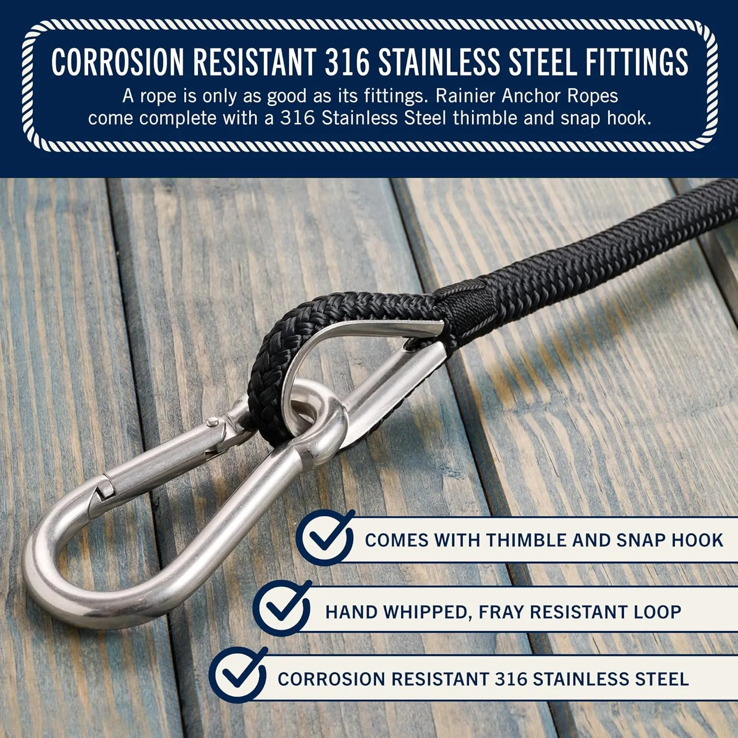 RainierSupplyCo Boat Anchor Rope - Double Braided Marine Rope Anchor Line - 100/150 / 200/300 ft Nylon Boating Line with 316 Stainless Steel Thimble and Heavy Duty Marine Grade Snap Hook
