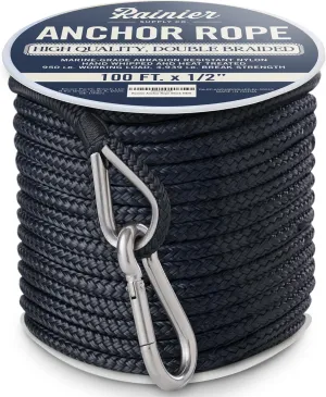 RainierSupplyCo Boat Anchor Rope - Double Braided Marine Rope Anchor Line - 100/150 / 200/300 ft Nylon Boating Line with 316 Stainless Steel Thimble and Heavy Duty Marine Grade Snap Hook