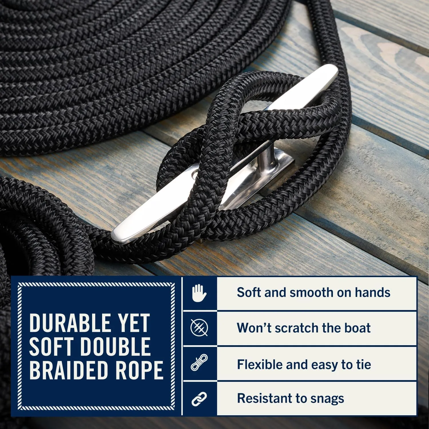 RainierSupplyCo Dock Lines 4-Pack - Boat Rope for Docking with Loop - 15 ft x 3/8 Inch Premium Double Braided Nylon Marine Rope - Mooring Line with 12" Eyelet - Boat Accessories - Black