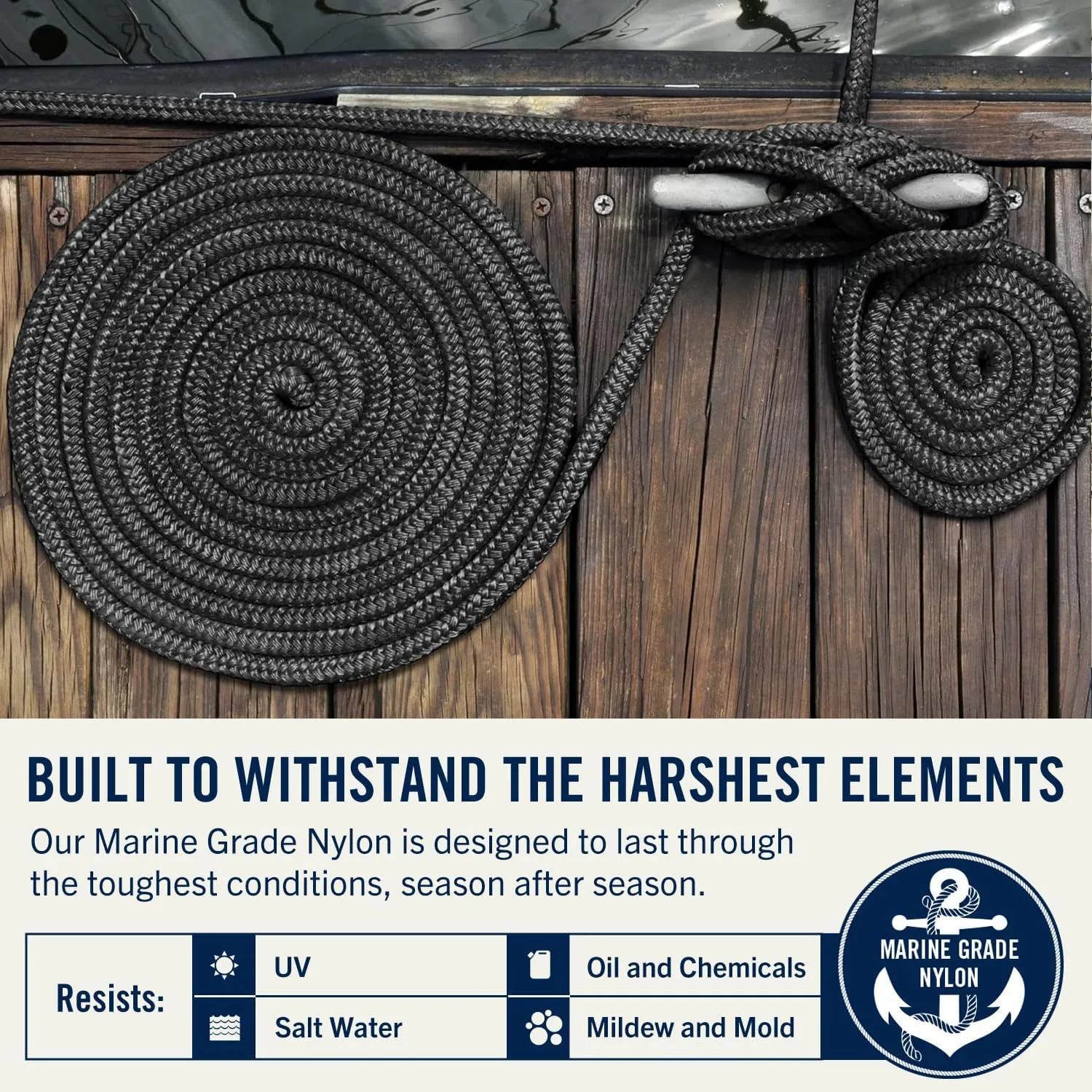 RainierSupplyCo Dock Lines 4-Pack - Boat Rope for Docking with Loop - 15 ft x 3/8 Inch Premium Double Braided Nylon Marine Rope - Mooring Line with 12" Eyelet - Boat Accessories - Black