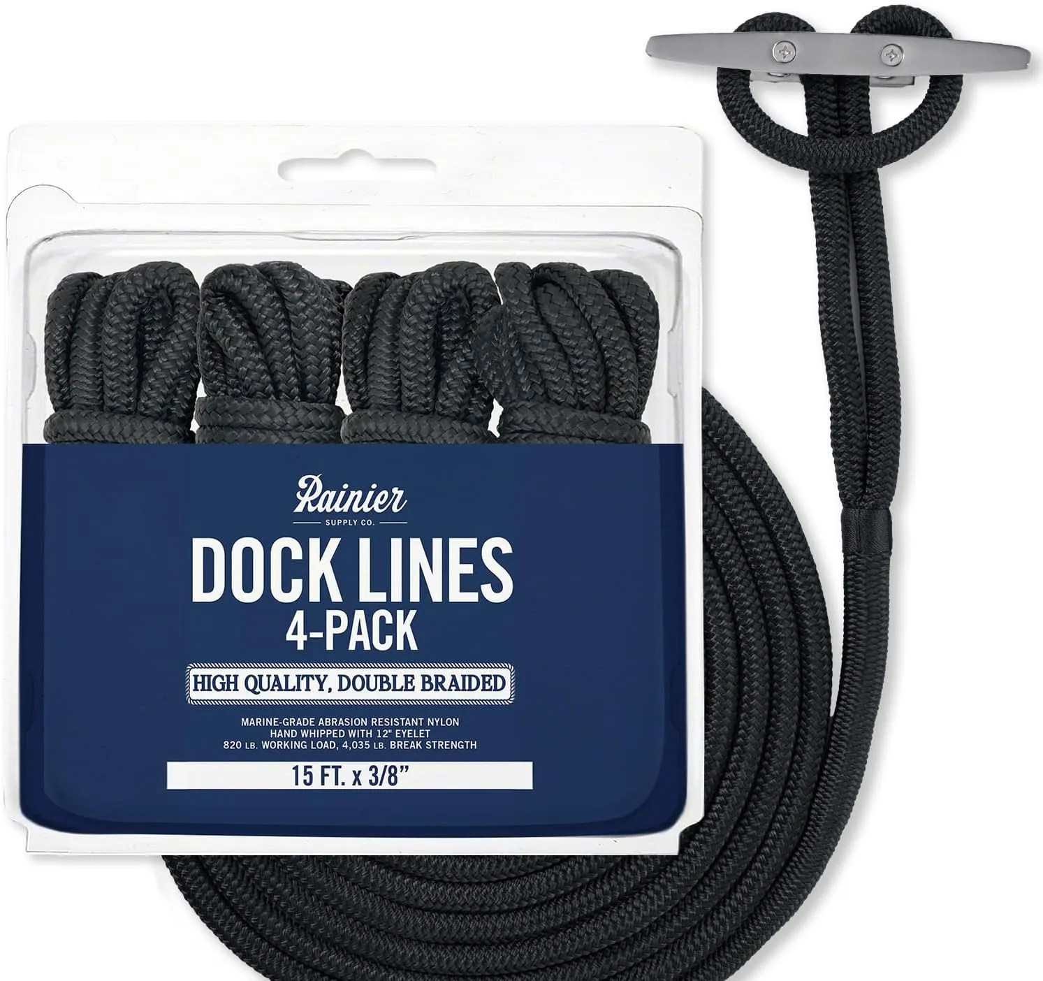 RainierSupplyCo Dock Lines 4-Pack - Boat Rope for Docking with Loop - 15 ft x 3/8 Inch Premium Double Braided Nylon Marine Rope - Mooring Line with 12" Eyelet - Boat Accessories - Black