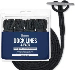 RainierSupplyCo Dock Lines 4-Pack - Boat Rope for Docking with Loop - 15 ft x 3/8 Inch Premium Double Braided Nylon Marine Rope - Mooring Line with 12" Eyelet - Boat Accessories - Black