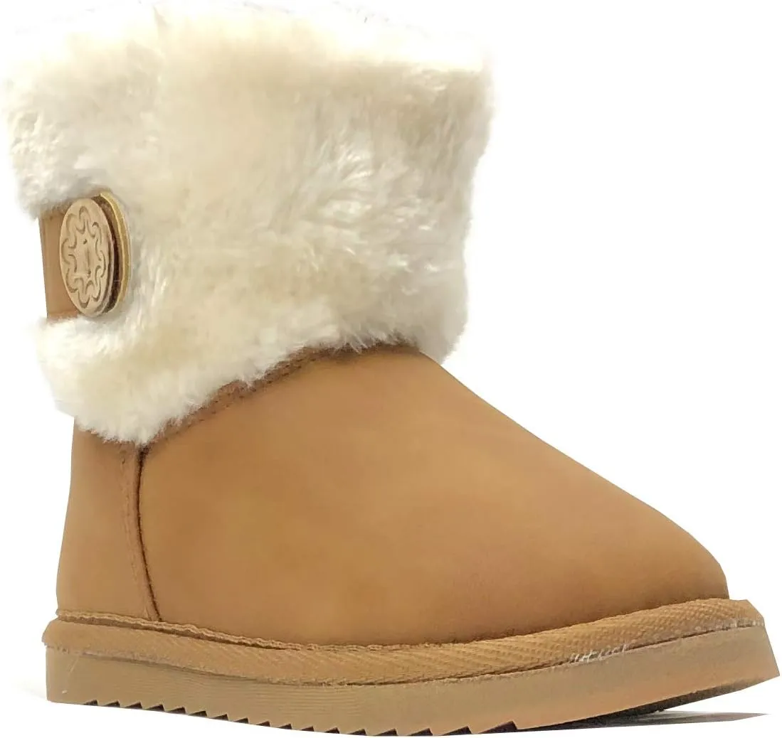 REDVOLUTION Kids Boots Toddler Girls Cute 2 Buttons || Rhinestone Faux Fur Suede Knitting Shoe