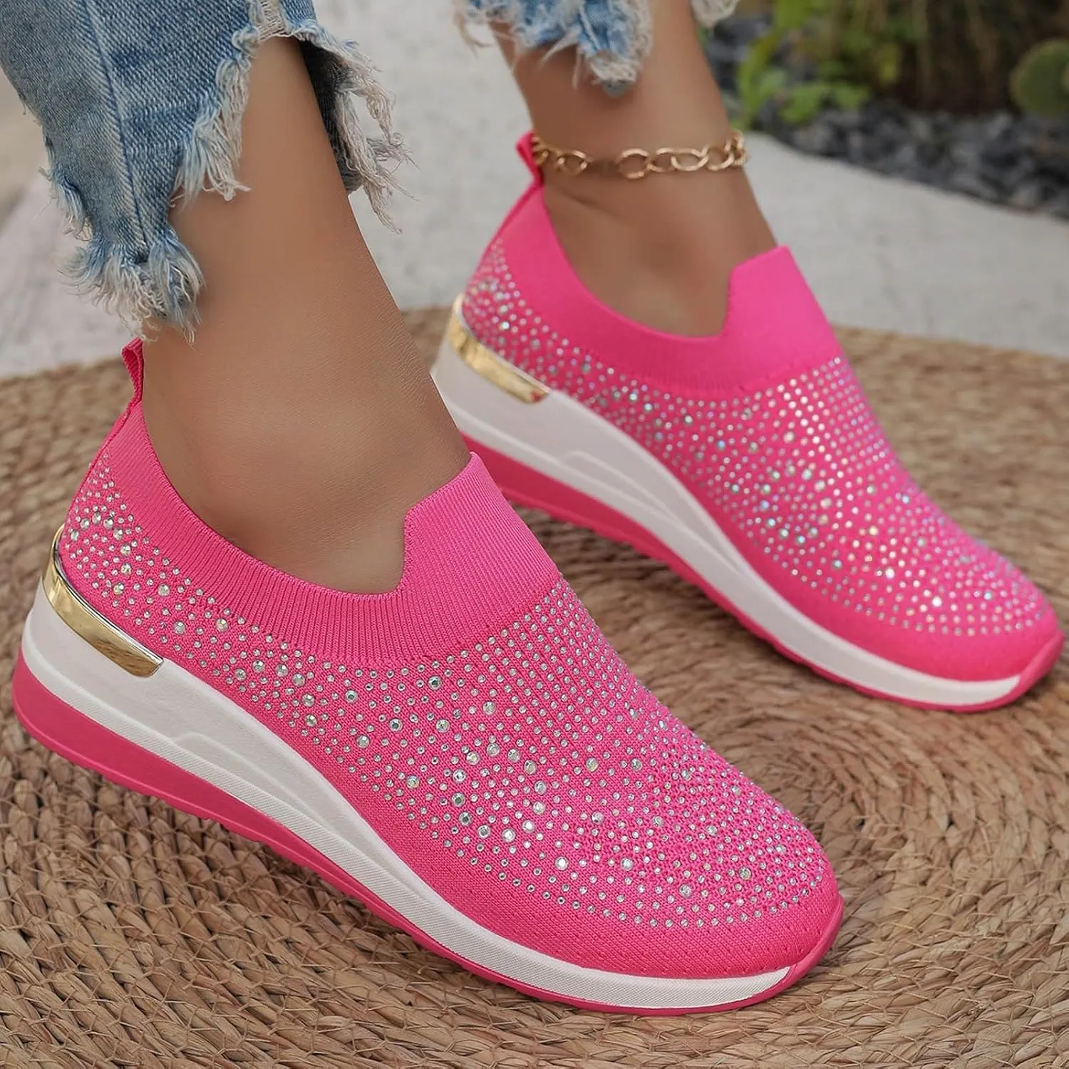 Rhinestone Sneakers for Women 2025,Women's Rhinestone Mesh Slip-On Walking Shoes Fashion Breathable Spakle Glitter Sneaker Orthopedic Wedge Lightweight Shoes Sparkly Bling Loafer