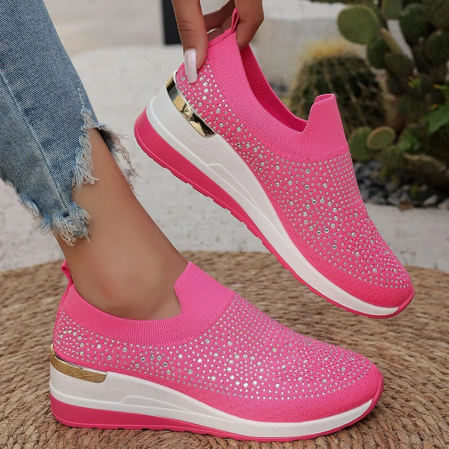 Rhinestone Sneakers for Women 2025,Women's Rhinestone Mesh Slip-On Walking Shoes Fashion Breathable Spakle Glitter Sneaker Orthopedic Wedge Lightweight Shoes Sparkly Bling Loafer
