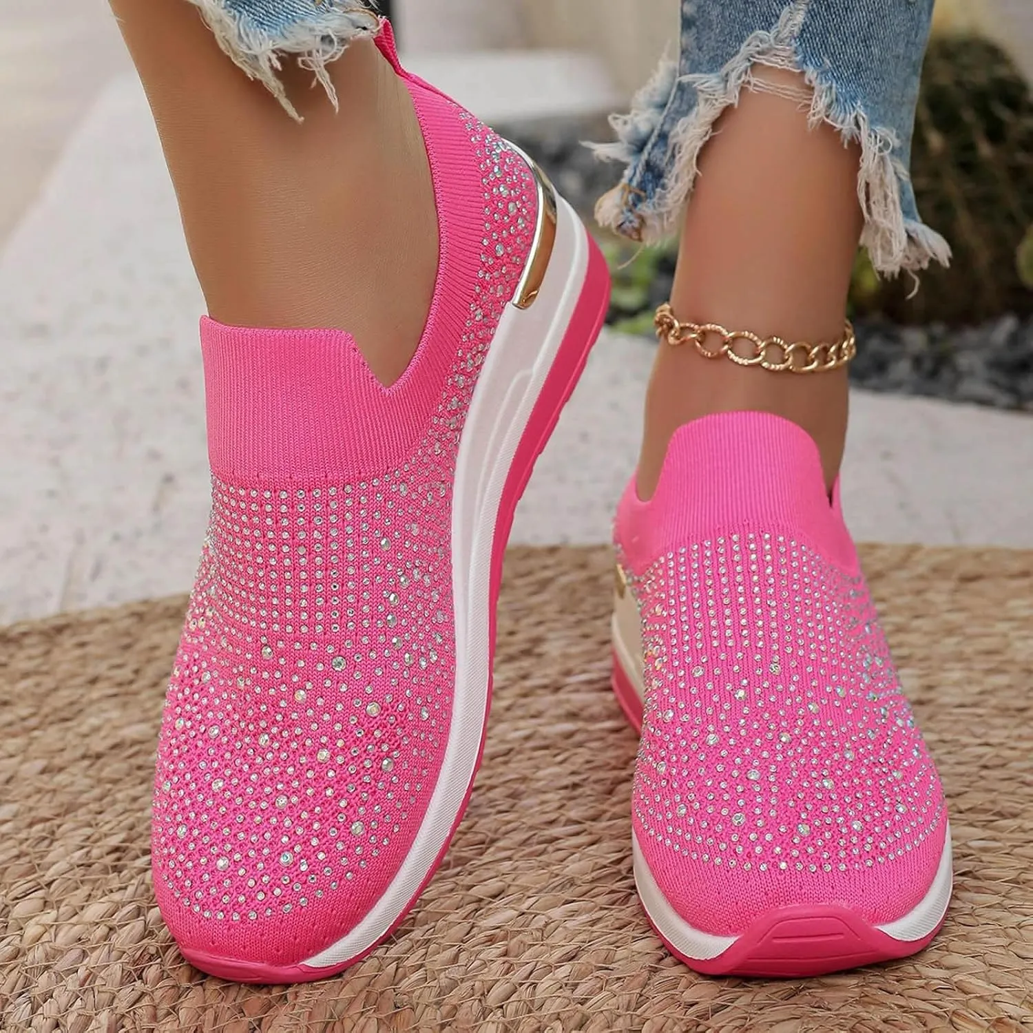 Rhinestone Sneakers for Women 2025,Women's Rhinestone Mesh Slip-On Walking Shoes Fashion Breathable Spakle Glitter Sneaker Orthopedic Wedge Lightweight Shoes Sparkly Bling Loafer