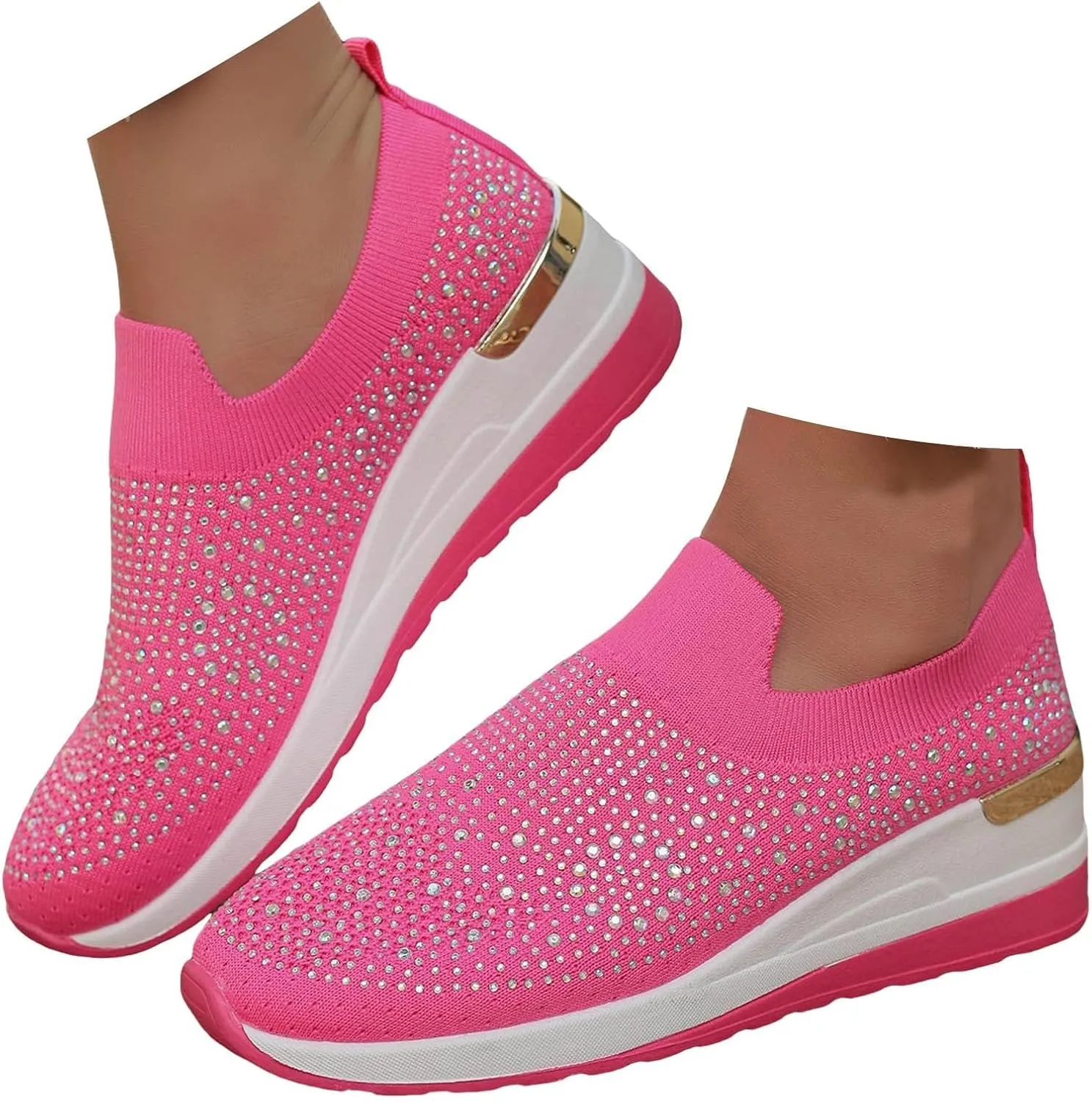 Rhinestone Sneakers for Women 2025,Women's Rhinestone Mesh Slip-On Walking Shoes Fashion Breathable Spakle Glitter Sneaker Orthopedic Wedge Lightweight Shoes Sparkly Bling Loafer