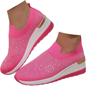 Rhinestone Sneakers for Women 2025,Women's Rhinestone Mesh Slip-On Walking Shoes Fashion Breathable Spakle Glitter Sneaker Orthopedic Wedge Lightweight Shoes Sparkly Bling Loafer