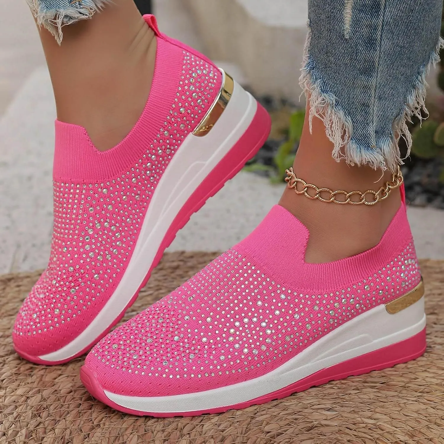 Rhinestone Sneakers for Women 2025,Women's Rhinestone Mesh Slip-On Walking Shoes Fashion Breathable Spakle Glitter Sneaker Orthopedic Wedge Lightweight Shoes Sparkly Bling Loafer