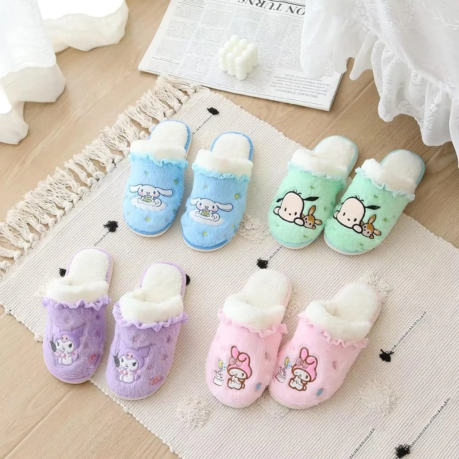 Roffatide Cartoon Cute Plush Open Back Floor Slippers Indoor Shoes Fuzzy Slippers with Rubber Sole for Women