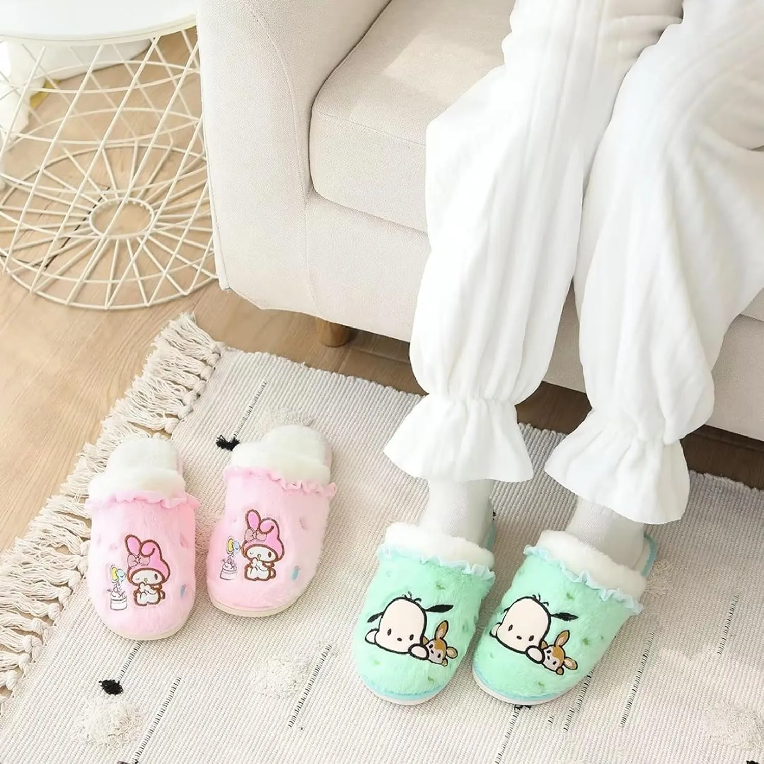 Roffatide Cartoon Cute Plush Open Back Floor Slippers Indoor Shoes Fuzzy Slippers with Rubber Sole for Women