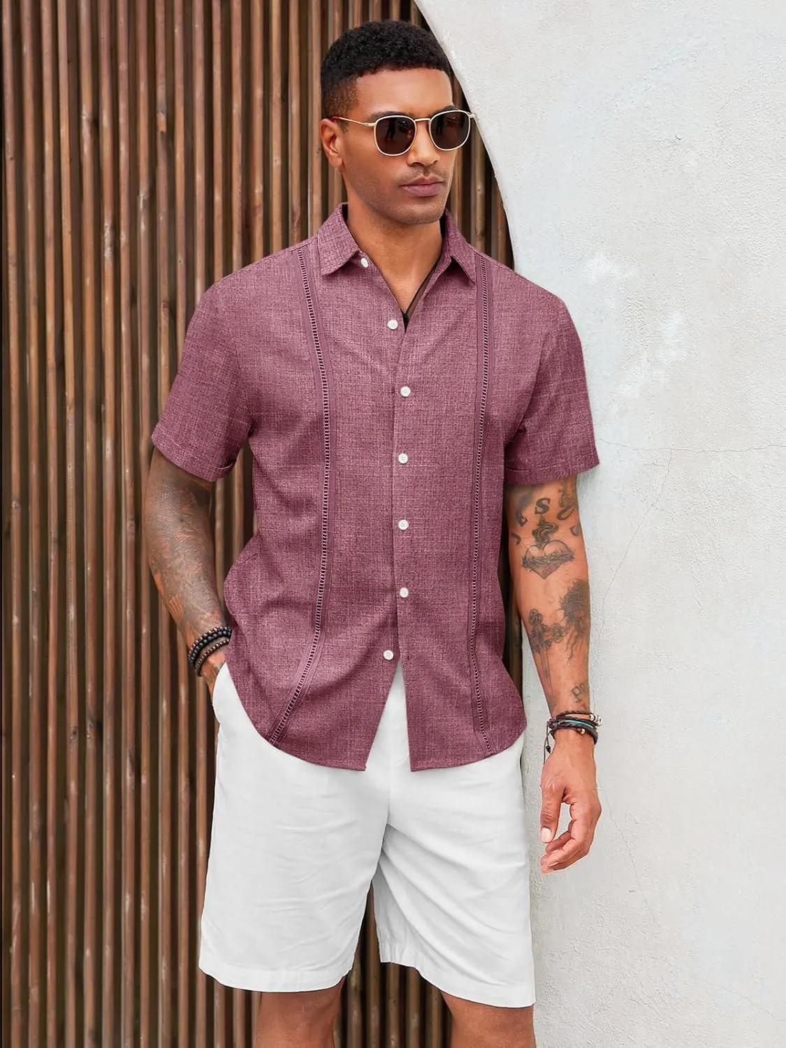 Runcati Mens Cuban Guayabera Shirts Short Sleeve Linen Casual Shirt Button Down Beach Summer Mexican Shirts