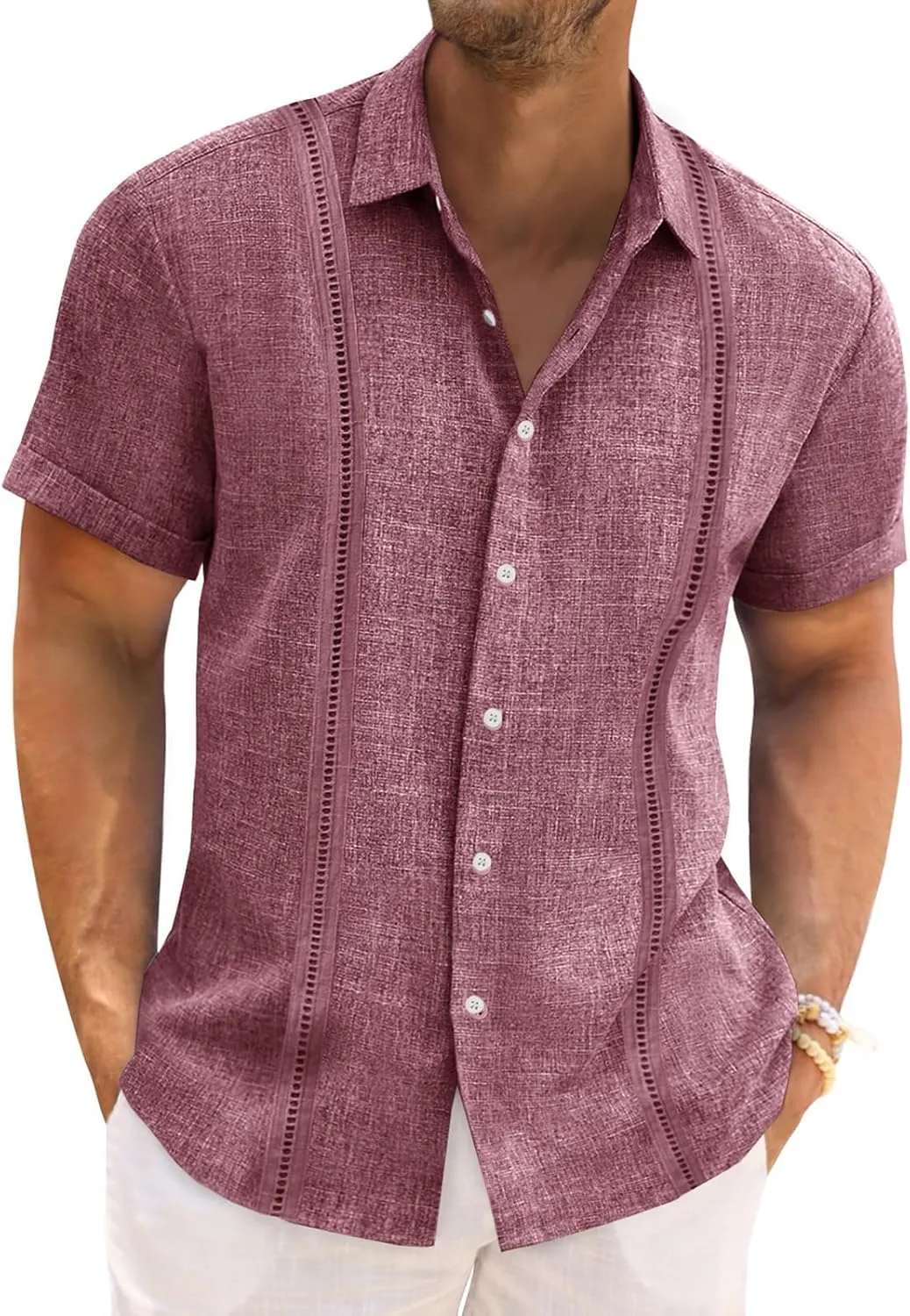 Runcati Mens Cuban Guayabera Shirts Short Sleeve Linen Casual Shirt Button Down Beach Summer Mexican Shirts