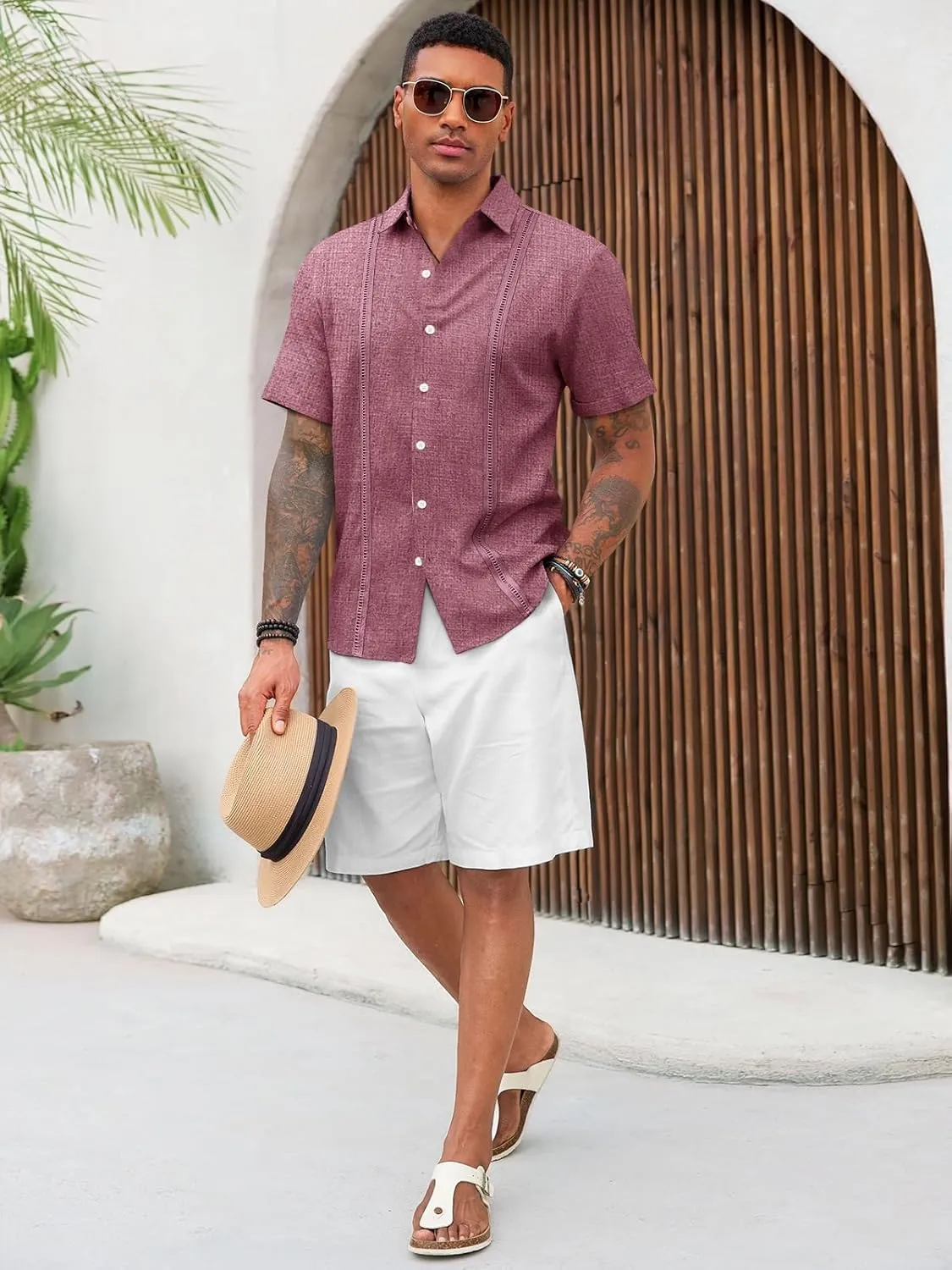 Runcati Mens Cuban Guayabera Shirts Short Sleeve Linen Casual Shirt Button Down Beach Summer Mexican Shirts