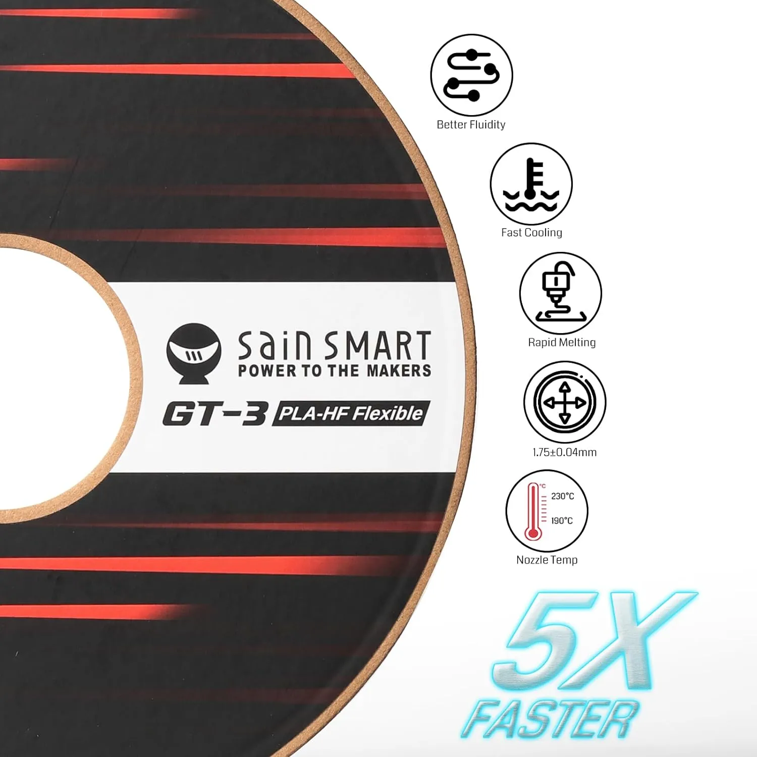 SainSmart GT-3 High Flowability Flexible PLA Filament 1.75mm, High Flow 3D Printer Filament for High-Speed Printing, 2.2 LBS (1KG) Spool, Dimensional Accuracy  /- 0.04mm, White