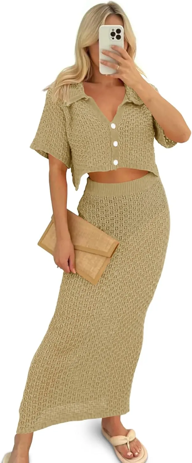 Saodimallsu Women Crochet Beach Cover Up Set Knit Crop Button Short Sleeve Collar Top Bodycon Long Skirt 2 Piece Outfits