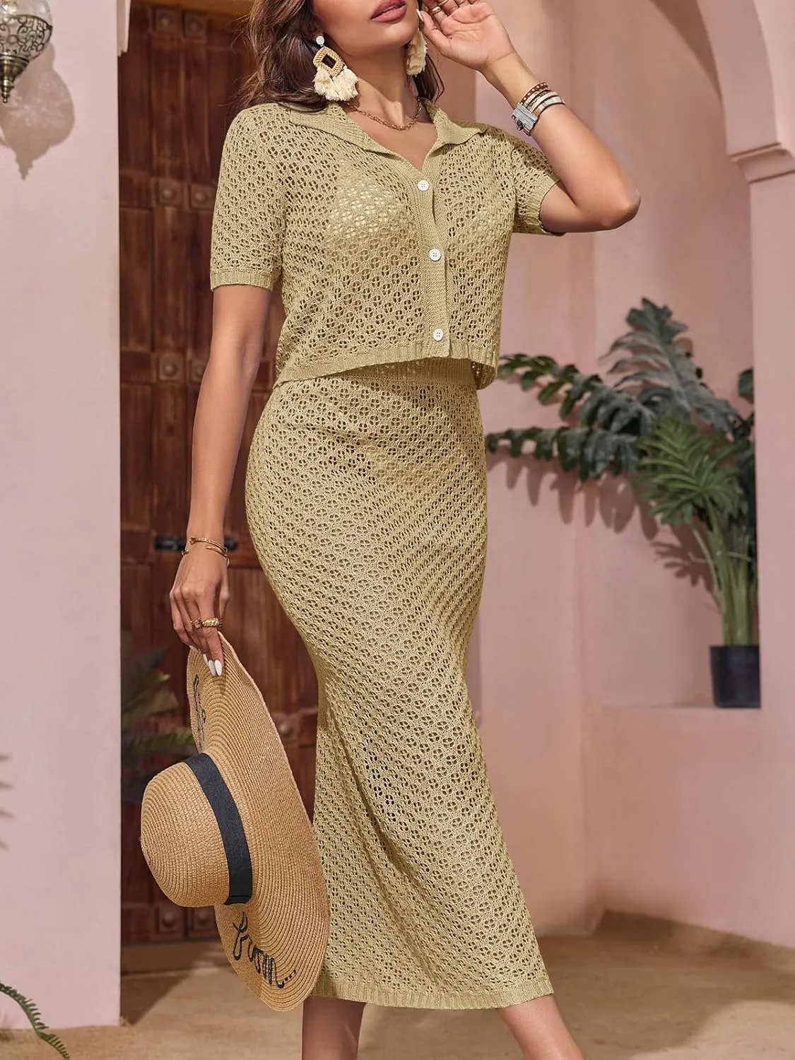 Saodimallsu Women Crochet Beach Cover Up Set Knit Crop Button Short Sleeve Collar Top Bodycon Long Skirt 2 Piece Outfits
