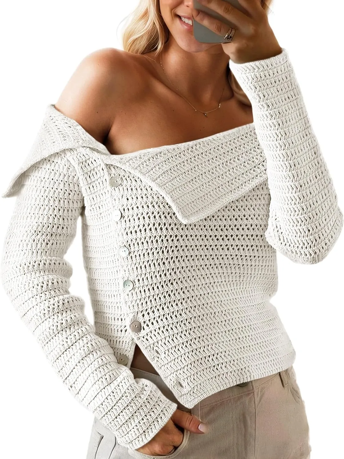 Saodimallsu Womens Off The Shoulder Sweater Long Sleeve Y2k Button Trendy Knitted Asymmetric Crop Tops