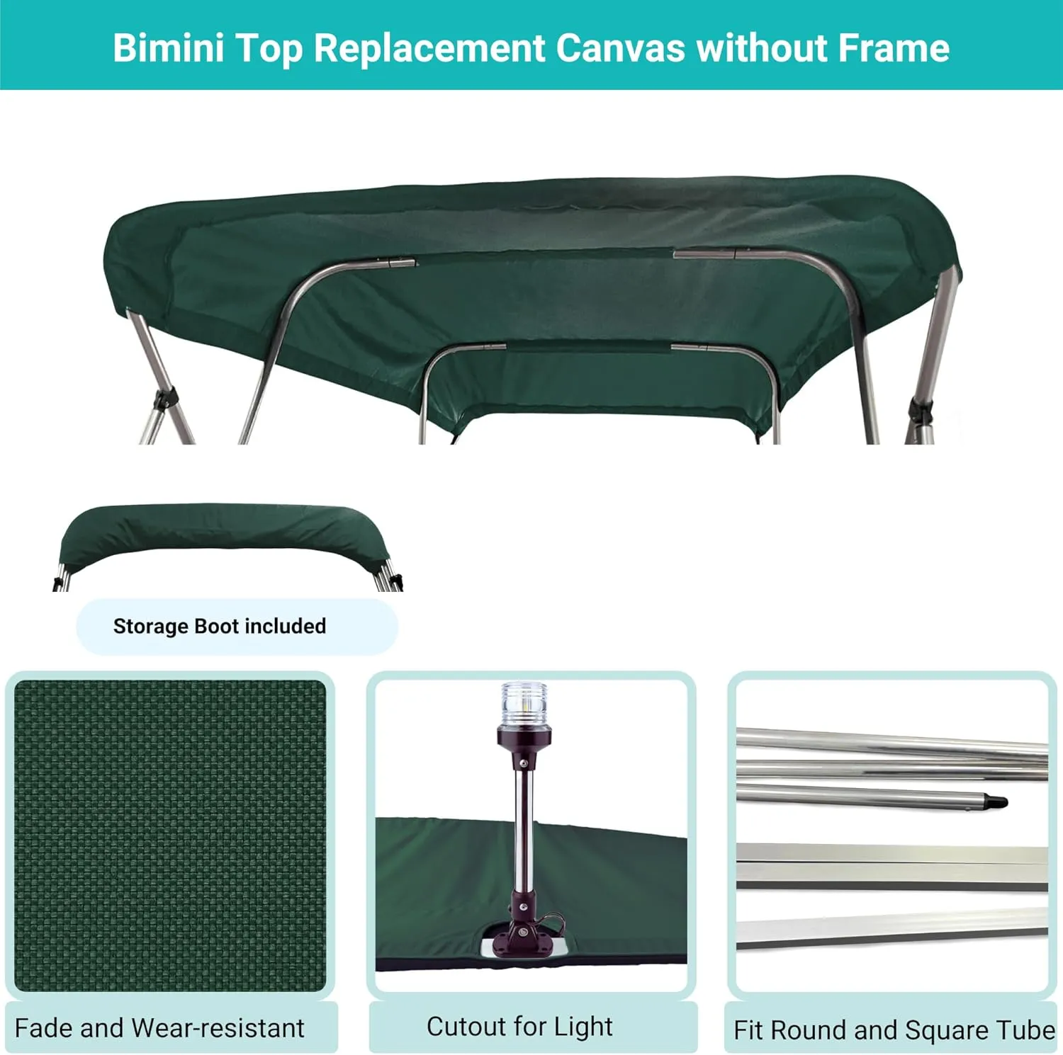 SavvyCraft 4 Bow Bimini Top Replacement Cover 9 Colors Options 8ft and 10ft Long, Durable Marine Grade Canvas Sun Shade Boat Canopy, Easy Install Zipper Sleeves, Replacement Canvas Only No Fram