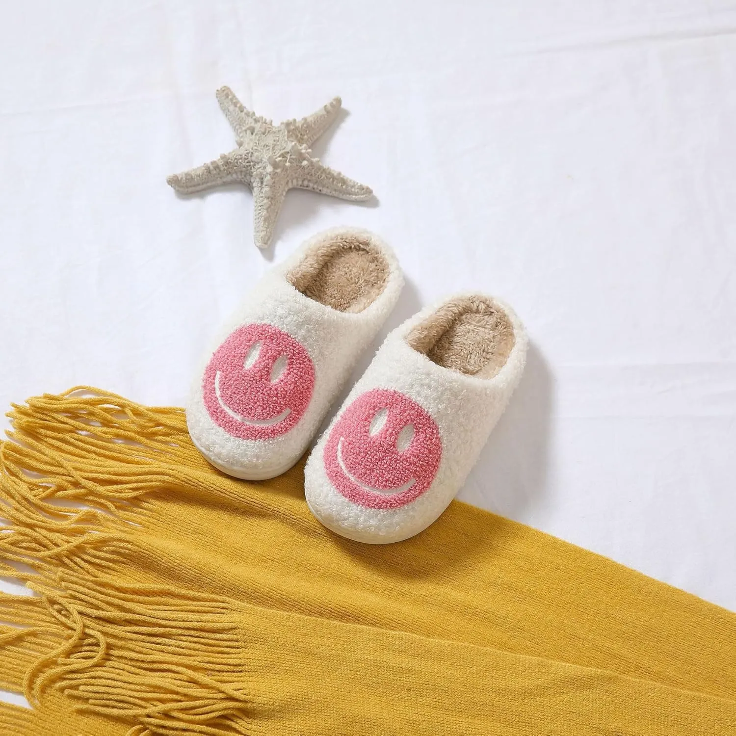 Sharllen Kids Happy Face Fuzzy Cozy Non-Slip Toddler Girls Boys Slide Slippers Plush Cute Warm Soft Socks Shoes for Little Big Kids Winter Indoor Outdoor