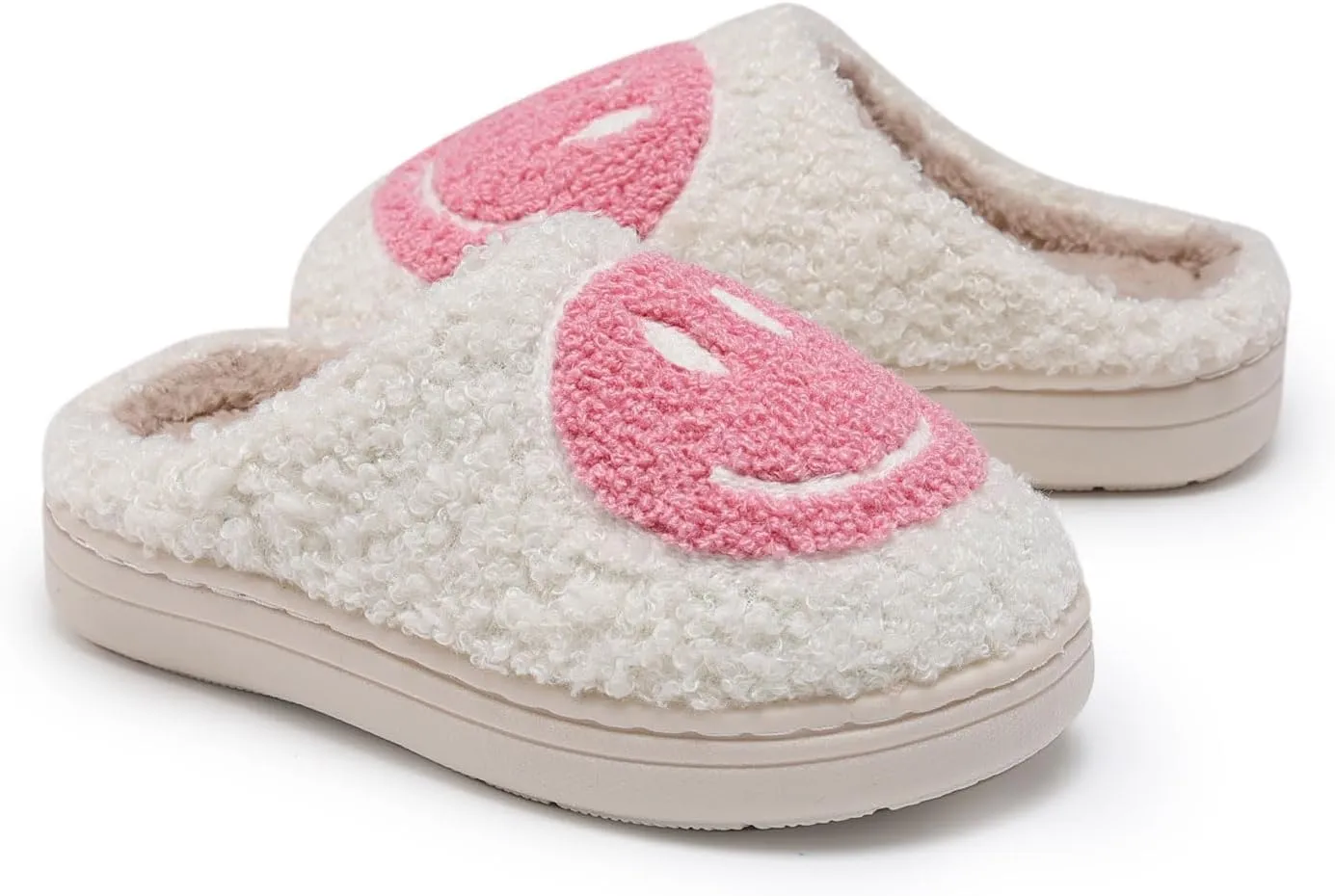 Sharllen Kids Happy Face Fuzzy Cozy Non-Slip Toddler Girls Boys Slide Slippers Plush Cute Warm Soft Socks Shoes for Little Big Kids Winter Indoor Outdoor
