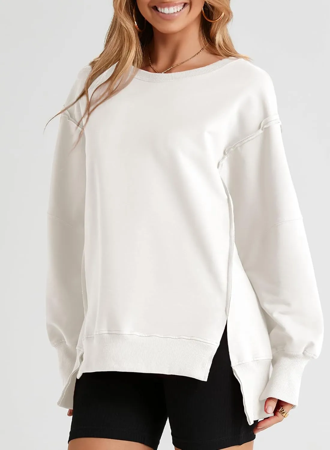 SHEWIN Womens Oversized Reverse Seam Sweatshirt Casual Long Sleeve Crewneck Lightweight Pullover Tops Loose Sweatshirts