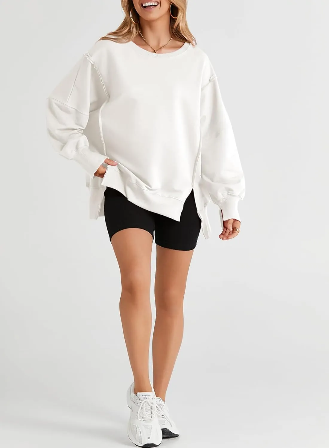 SHEWIN Womens Oversized Reverse Seam Sweatshirt Casual Long Sleeve Crewneck Lightweight Pullover Tops Loose Sweatshirts