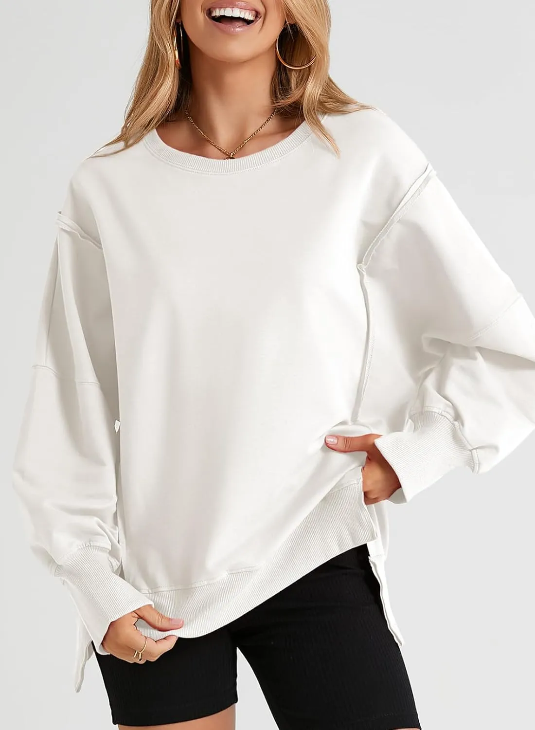 SHEWIN Womens Oversized Reverse Seam Sweatshirt Casual Long Sleeve Crewneck Lightweight Pullover Tops Loose Sweatshirts