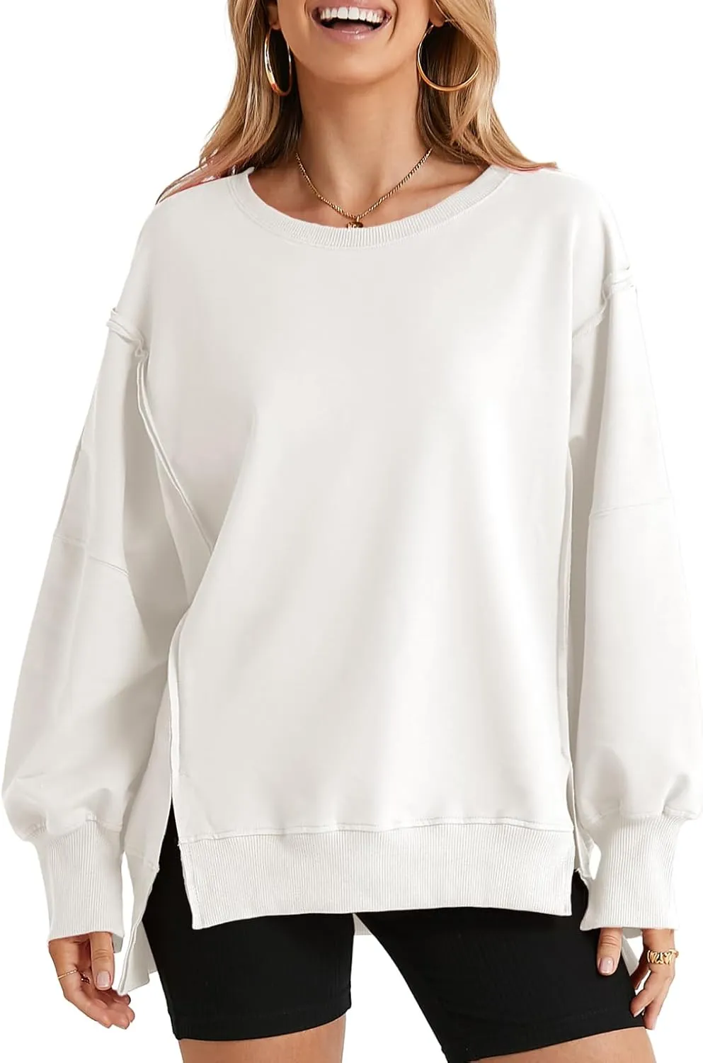 SHEWIN Womens Oversized Reverse Seam Sweatshirt Casual Long Sleeve Crewneck Lightweight Pullover Tops Loose Sweatshirts