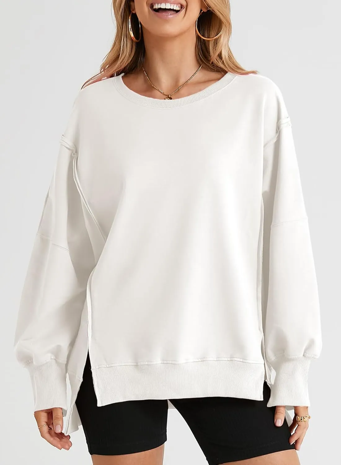 SHEWIN Womens Oversized Reverse Seam Sweatshirt Casual Long Sleeve Crewneck Lightweight Pullover Tops Loose Sweatshirts