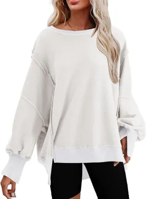 SHEWIN Womens Oversized Reverse Seam Sweatshirt Casual Long Sleeve Crewneck Lightweight Pullover Tops Loose Sweatshirts