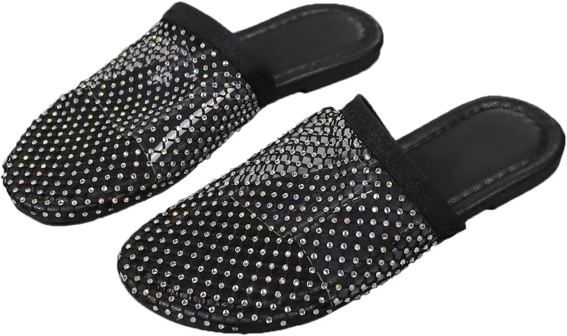 Shiny Rhinestone Mesh Flats, Bling Sandals for Women, Glittery Stretchy Net slipper Women Ultra Comfortable Shiny Gem Mesh Flats Sparkle slipper Toe Casual Slingback Flat slipper
