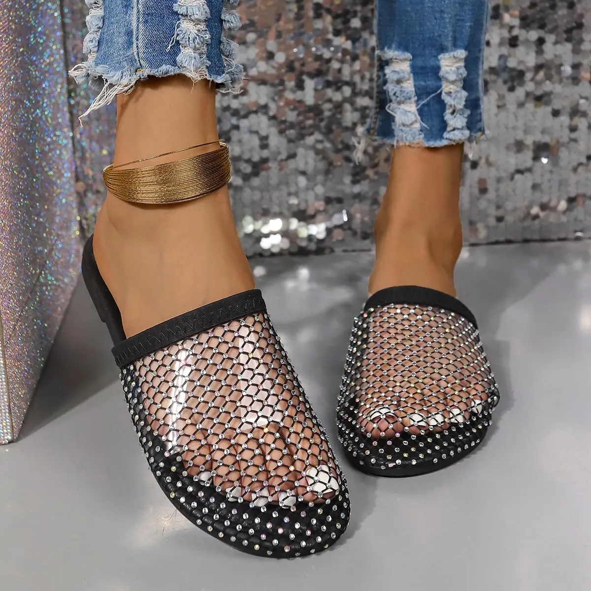 Shiny Rhinestone Mesh Flats, Bling Sandals for Women, Glittery Stretchy Net slipper Women Ultra Comfortable Shiny Gem Mesh Flats Sparkle slipper Toe Casual Slingback Flat slipper
