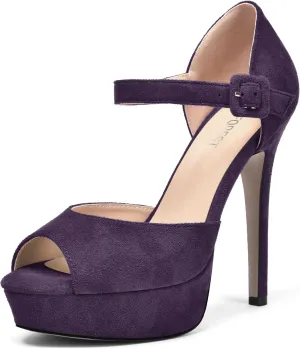 SHOWFOREST Womens Platform Suede Solid Ankle Strap Peep Toe Dress Wedding Buckle Stiletto High Heel Pumps Shoes 5 Inch