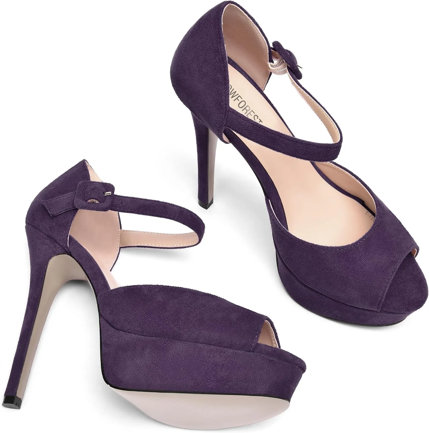 SHOWFOREST Womens Platform Suede Solid Ankle Strap Peep Toe Dress Wedding Buckle Stiletto High Heel Pumps Shoes 5 Inch