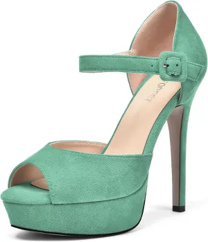 SHOWFOREST Womens Platform Suede Solid Ankle Strap Peep Toe Dress Wedding Buckle Stiletto High Heel Pumps Shoes 5 Inch