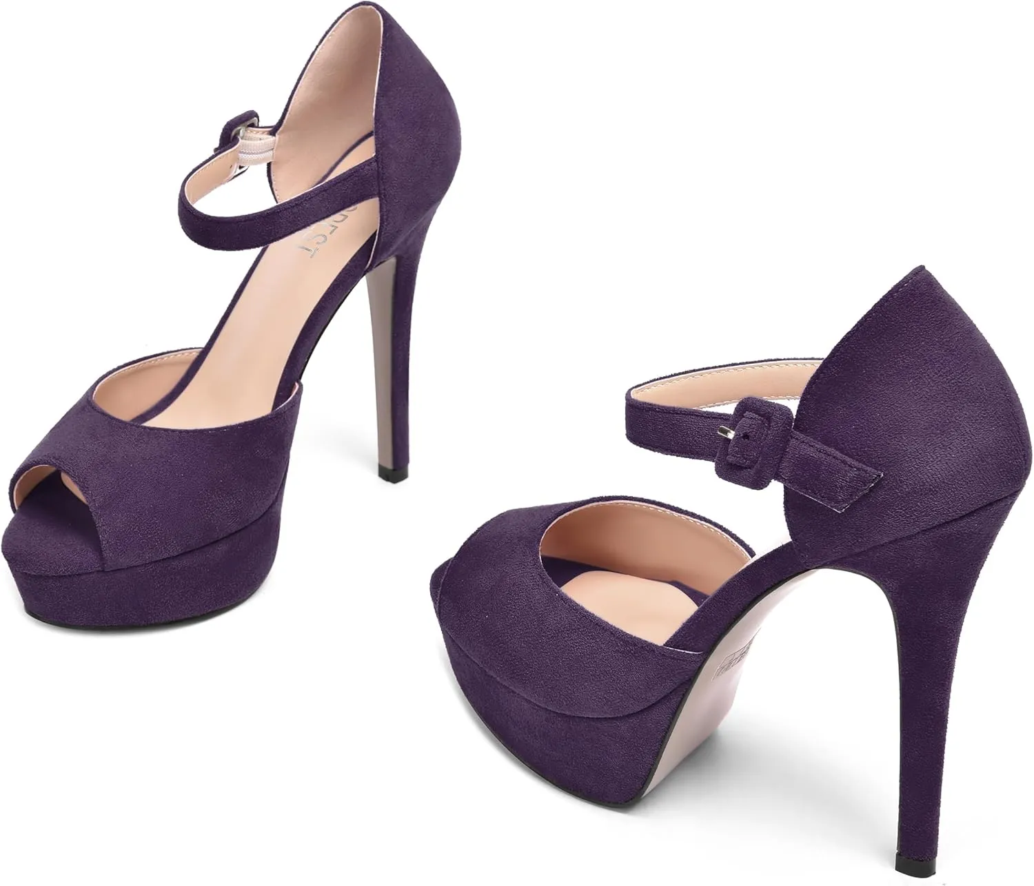 SHOWFOREST Womens Platform Suede Solid Ankle Strap Peep Toe Dress Wedding Buckle Stiletto High Heel Pumps Shoes 5 Inch
