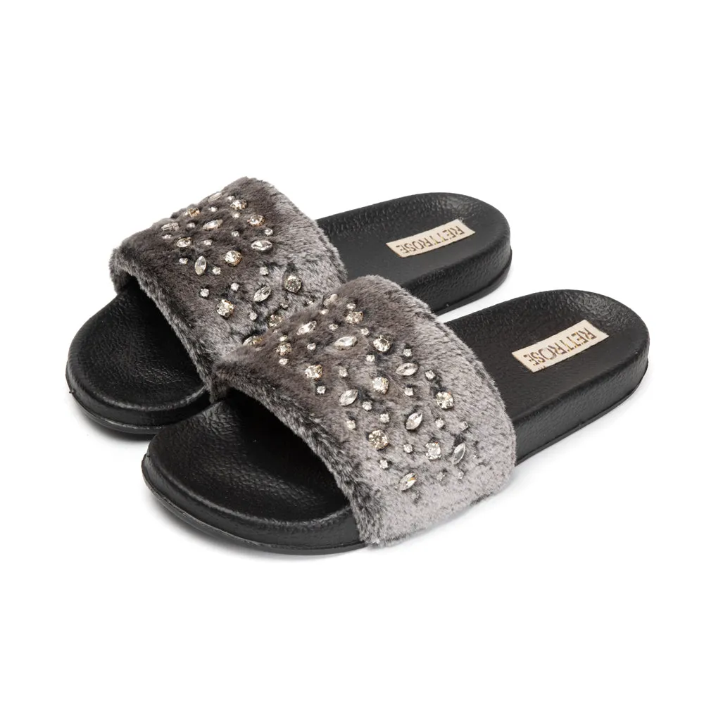 Sienna Charcoal Luxury Plush Diamanté Embellished Handmade Sliders